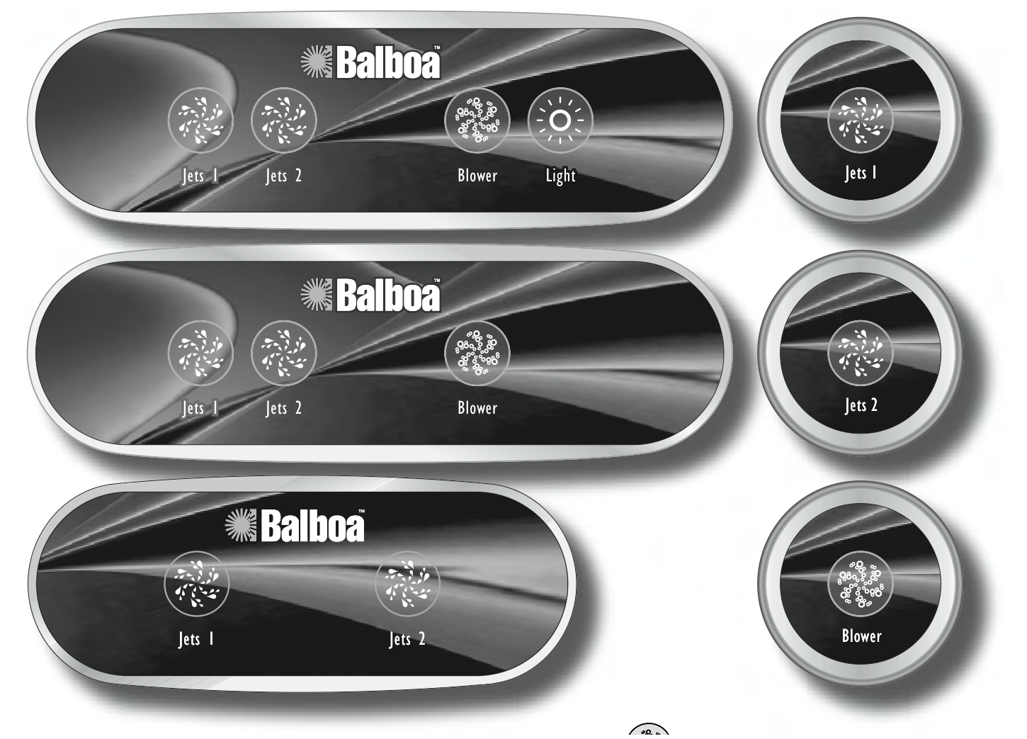 Overzicht van optionele Balboa-hulppanelen met knoppen zoals Jets 1, Jets 2, Blower en Light