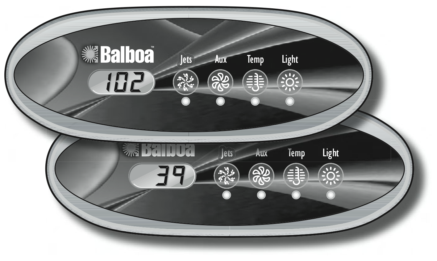 Twee Balboa ML240-bedieningspanelen met LCD-display en de knoppen Jets, Aux, Temp en Light