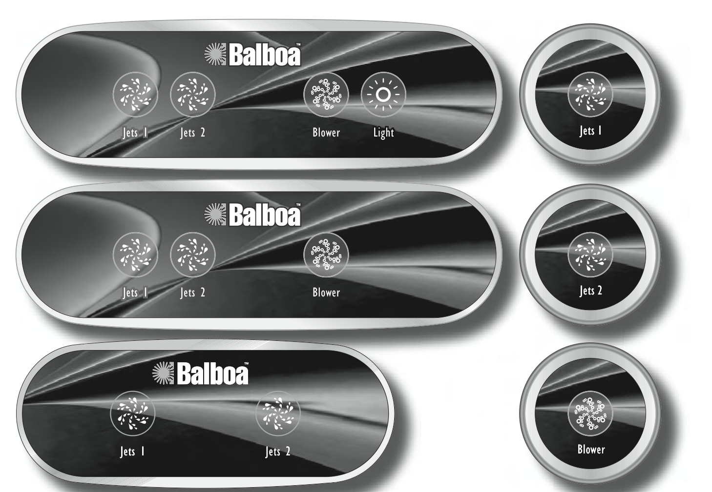 Overzicht van optionele Balboa-hulppanelen met knoppen zoals Jets 1, Jets 2, Blower en Light