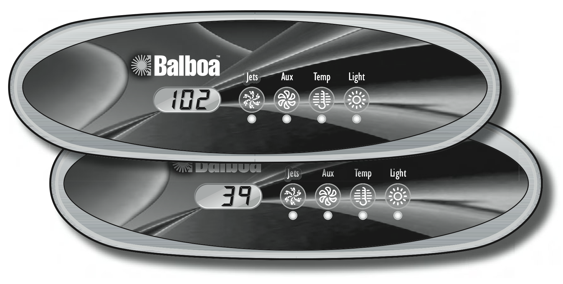 Twee Balboa ML260-bedieningspanelen met LCD-display en de knoppen Jets, Aux, Temp en Light