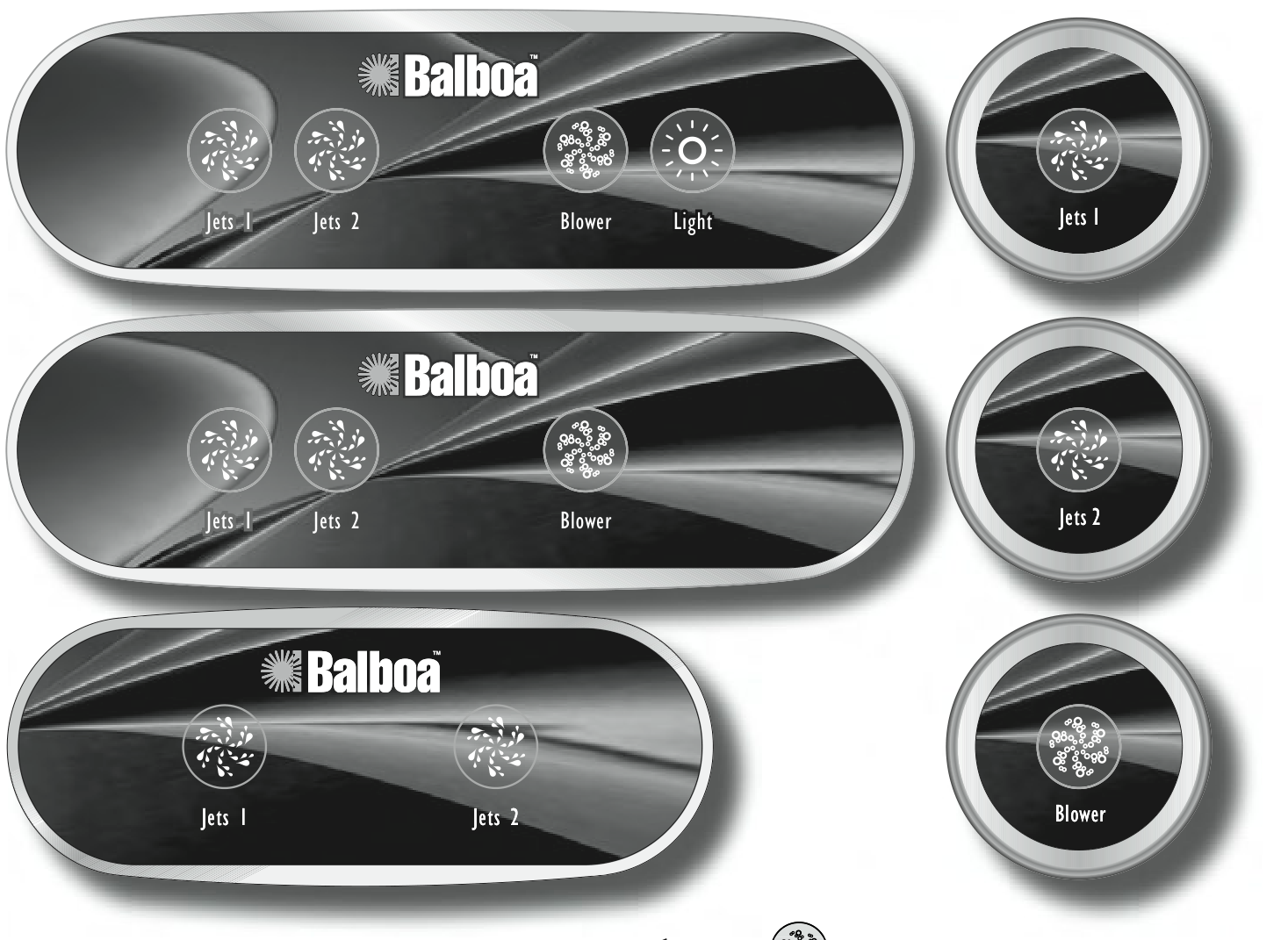 Overzicht van optionele Balboa-hulppanelen met knoppen zoals Jets 1, Jets 2, Blower en Light