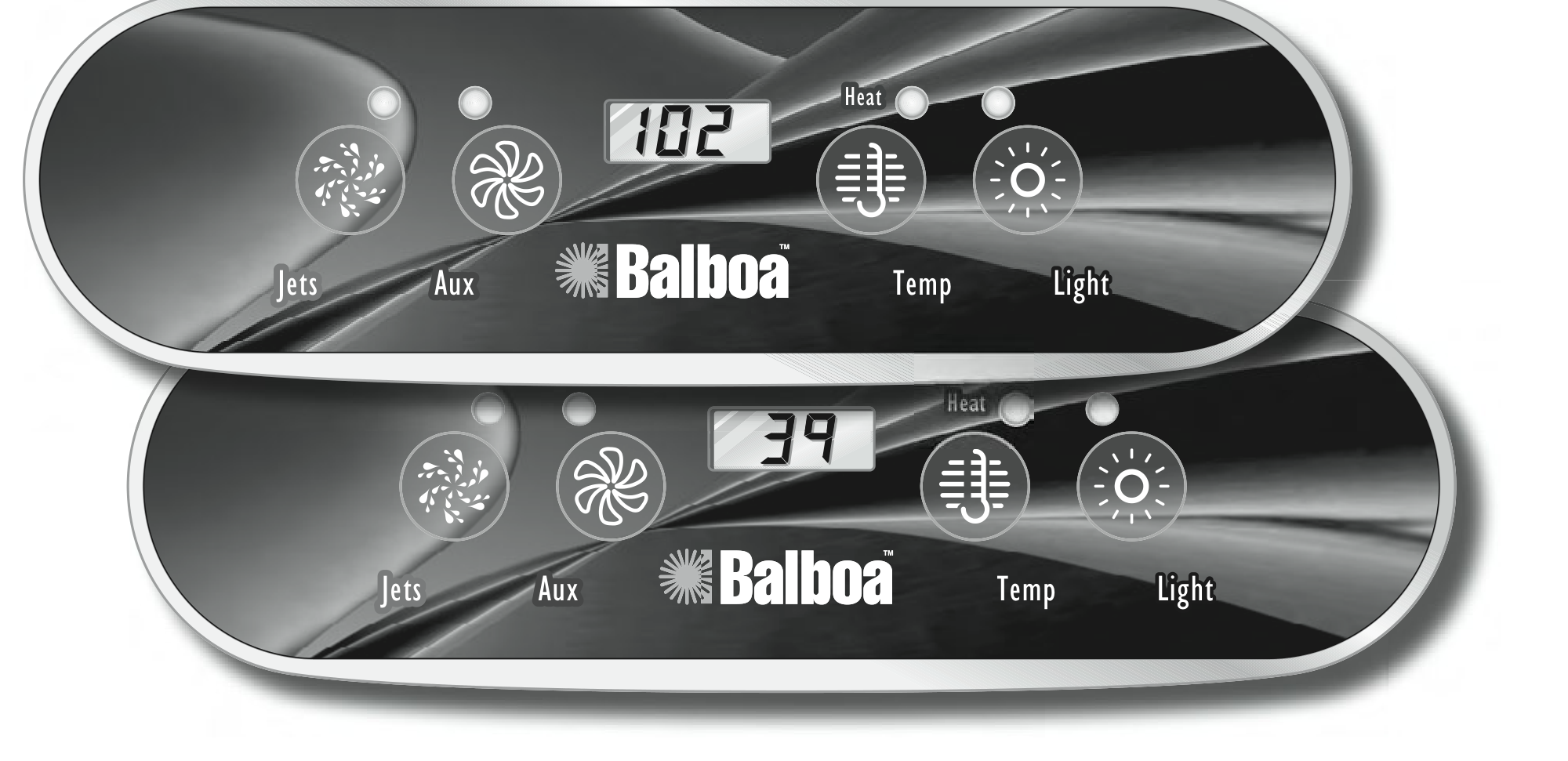 Twee Balboa ML400-bedieningspanelen met LCD-display en de knoppen Jets, Aux, Heat, Temp en Light