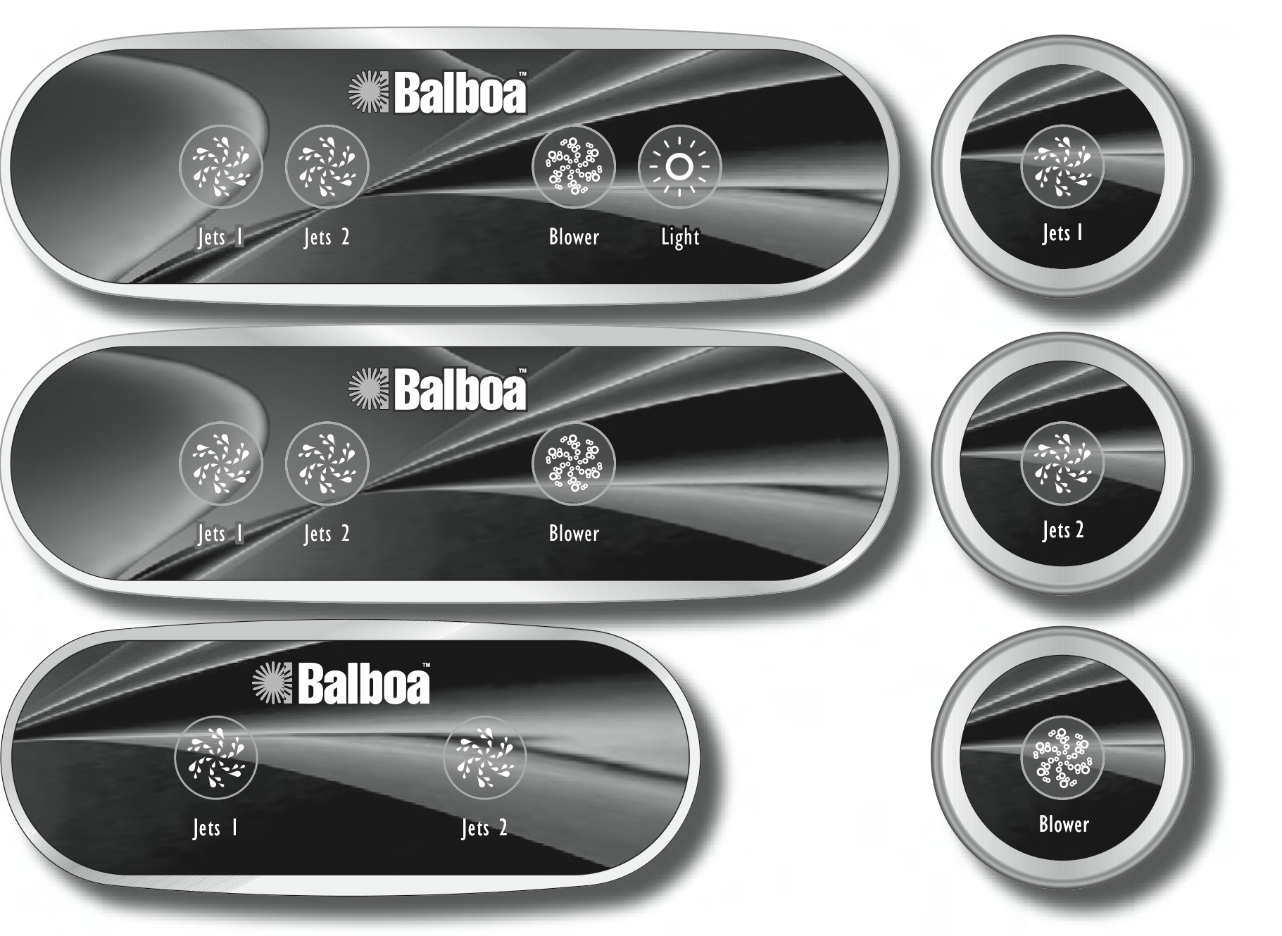 Overzicht van optionele Balboa-hulppanelen met knoppen zoals Jets 1, Jets 2, Blower en Light
