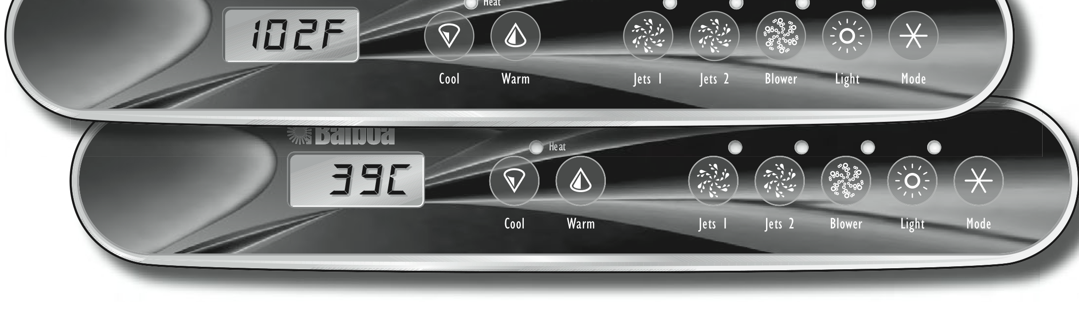 Twee Balboa ML550-bedieningspanelen met LCD-display en de knoppen Cool, Warm, Jets 1, Jets 2, Blower, Light en Mode