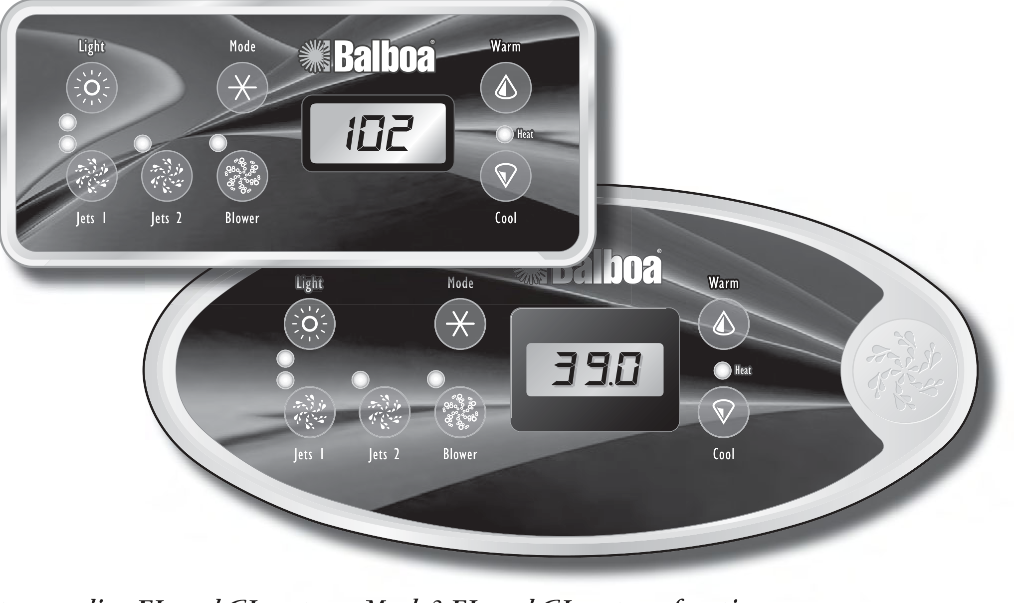 ML551 en ML554 bedieningspaneel met knoppen Warm, Cool, Jets 1, Jets 2, Light, Mode en Blower