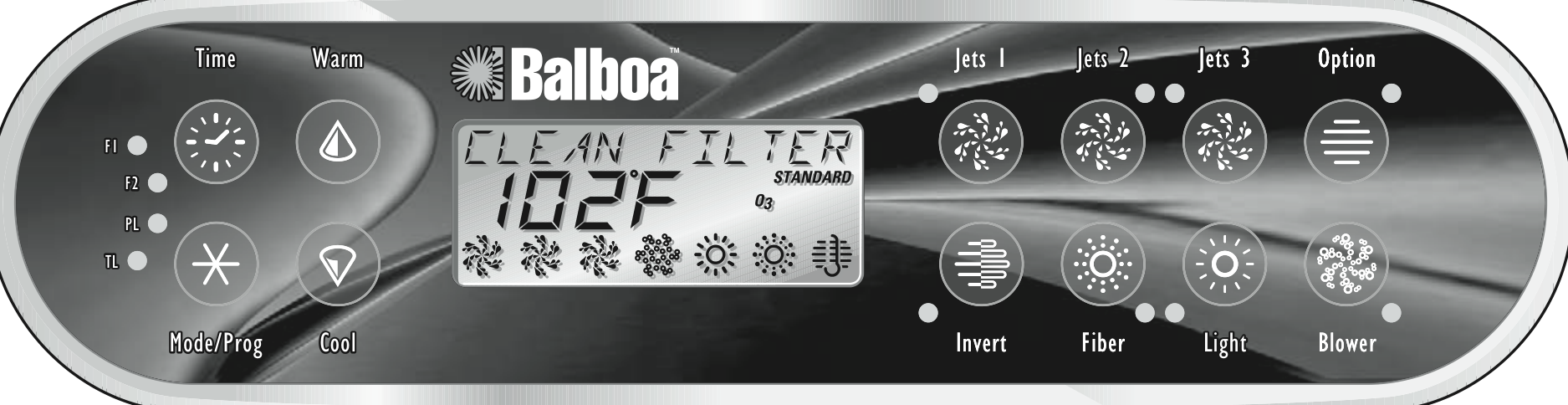 Balboa ML900-bedieningspaneel met knoppen Time, Warm, Mode/Prog, Cool, Jets 1, Jets 2, Jets 3, Option, Invert, Fiber, Light en Blower