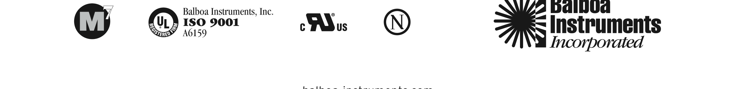 Certificeringslogo's (UL, cRUus, NEMKO) en Balboa Instruments logo