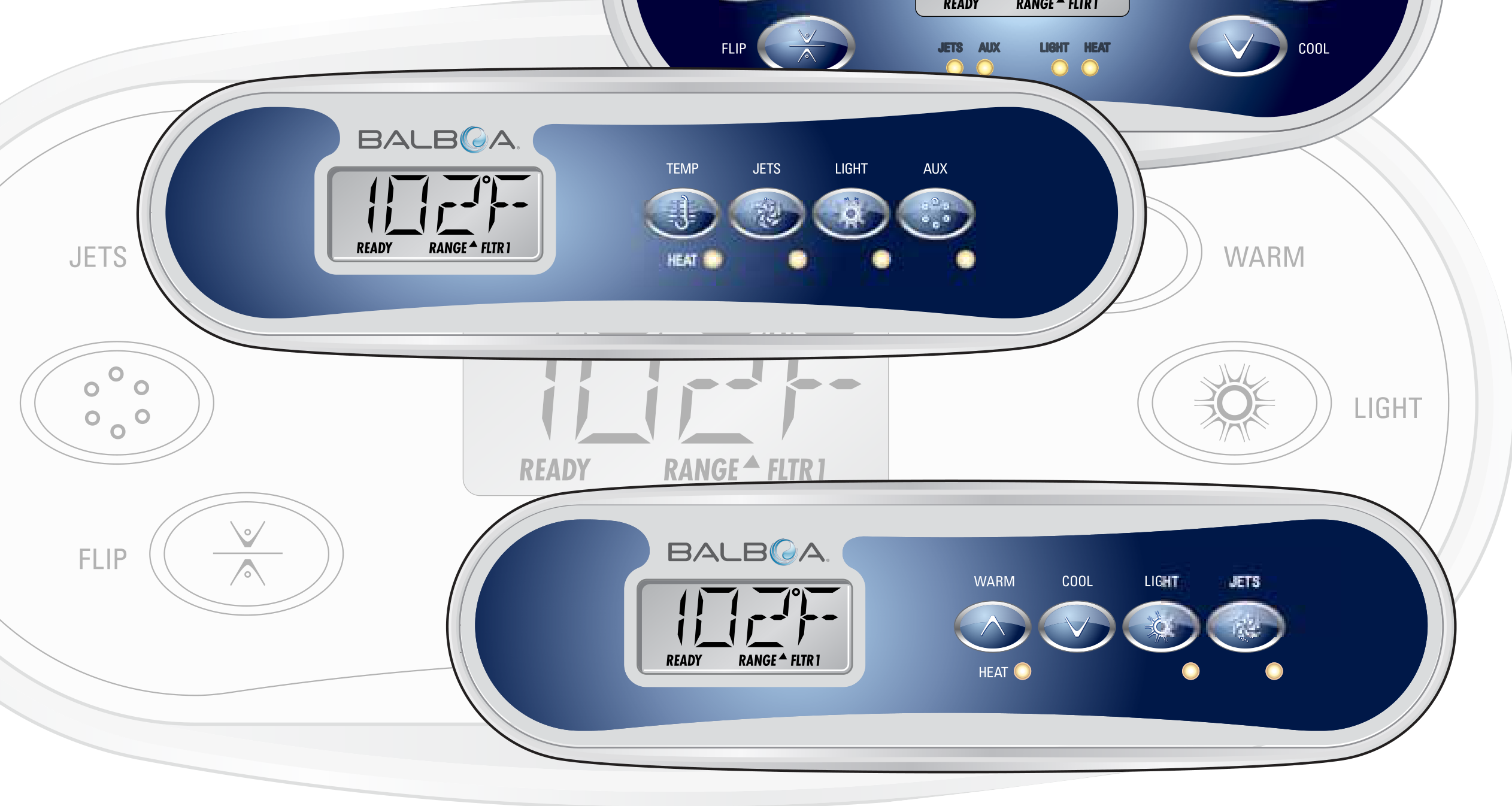 TP600- en TP400-bedieningspanelen van Balboa met LCD-display en drukknoppen