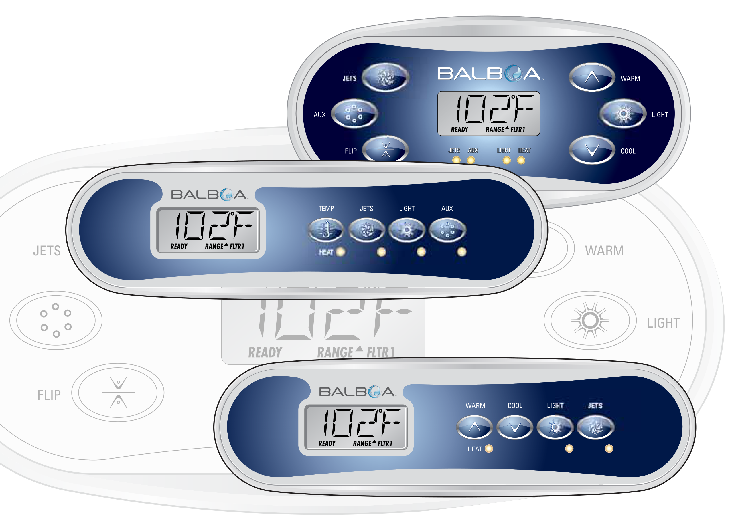 Bedieningspanelen Balboa TP600 en TP400 met LCD-display, jets-, verlichtings- en temperatuurknoppen