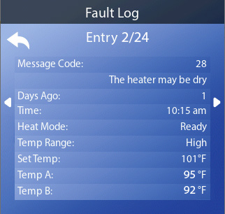 Diagnostiek-menu met System Information, Fault Log en GFCI Test
