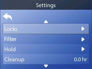 Instellingenmenu met Locks, Filter, Hold en Cleanup
