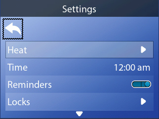 Instellingenmenu met Heat, Time, Reminders en Locks
