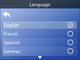 Taalkeuzescherm met English, French, Spanish en German