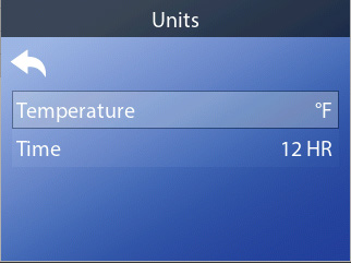 Units-scherm met temperatuur- en tijdinstelling
