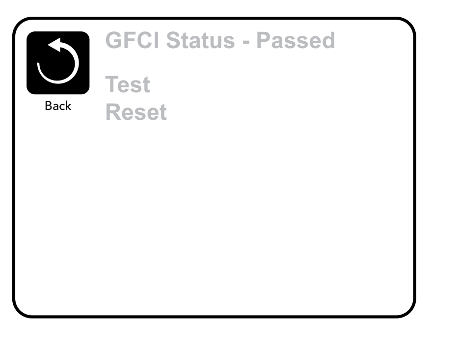 GFCI-statusscherm TP800/TP900 met Passed, Test en Reset
