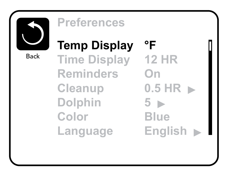 Voorkeurenmenu TP800/TP900 met Temp Display, Time Display, Reminders, Cleanup, Dolphin, Color en Language