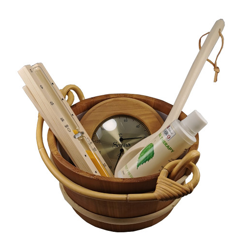 Luxe sauna accessoireset 5 delige set inclusief emmer, lepel, zandloper en thermo/hygrometer